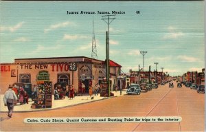 Juarez Mexico, Juarez Avenue Vendors, Shops, Cafes, Period Cars Linen Postcard 