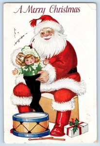 1926 Christmas Santa Claus Doll Toys Gift Drummer Embossed Medina OH Postcard