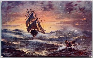 1909 Sailing Ship Waves Scenery Painting Art Print Posted Postcard