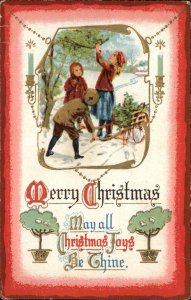 Christmas Children Gather Pine Boughs Red Border c1910 Vintage Postcard