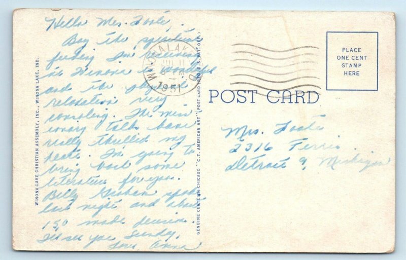 WINONA LAKE, IN Indiana ~ ADMINISTRATION BUILDING 1951 Kosciusko County Postcard