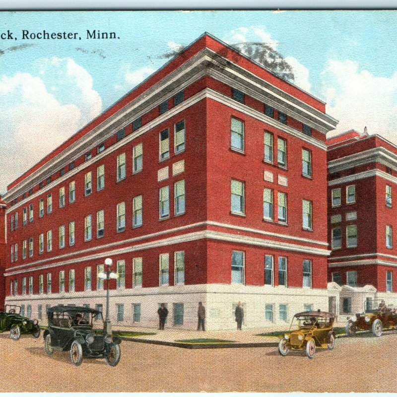 1916 Rochester, Minn Medical Block Litho Photo Postcard Touring Car Downtown A34