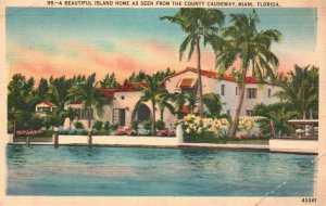 Vintage Postcard 1950's Beautiful Island Home Seen From County Causeway Miami FL