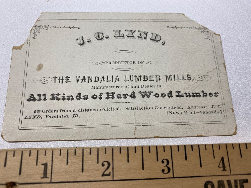 1880s Vandalia Lumber Mills J C Lynd Vandalia IL Illinois Business Card Ad