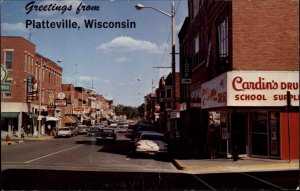 Platteville Wisconsin WI Street Scene Classic 1950s Cars Vintage Postcard