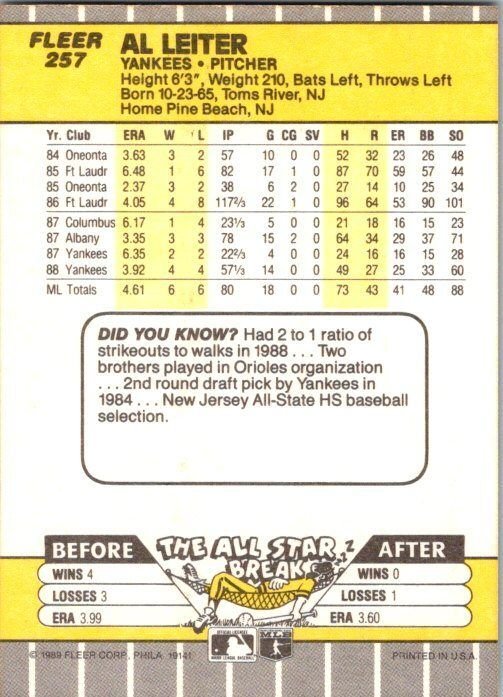 1989 Fleer Baseball Card Al Leiter New York Yankees sk21025