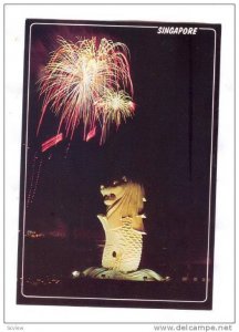 Fireworks, Night view of the Merlion, Entrance of Singapore river , SINGAPORE...