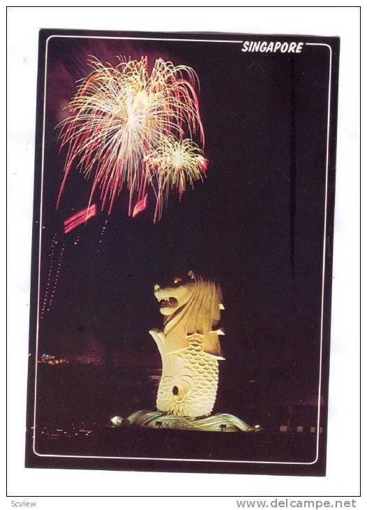 Fireworks, Night view of the Merlion, Entrance of Singapore river , SINGAPORE...