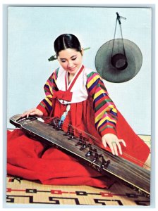 Korean Airlines Woman Playing Kayakum Instrument Continental Issued Postcard 