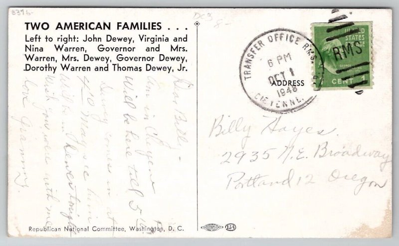 Political Two American Families Dewey and Warrens 1948 Postcard C30