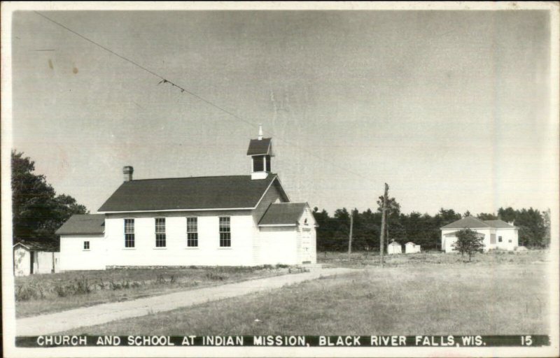 Black River Falls WI Church & School Indian Mission Real Photo Postcard