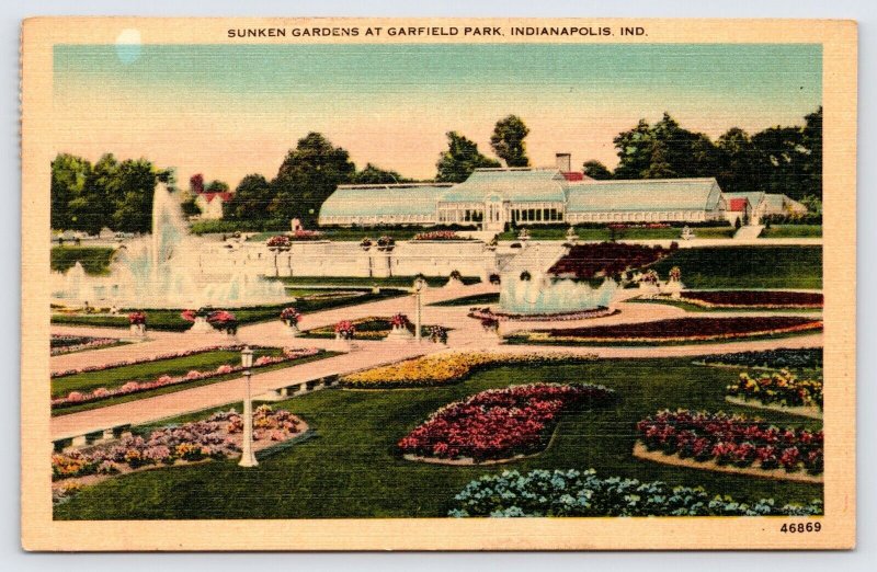 Sunken Gardens At Garfield Park Indianapolis Indiana, Linen Postcard c1946  P1