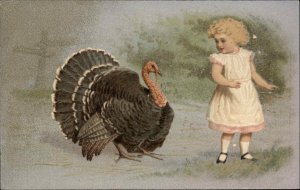 Thanksgiving Little Blonde Girl Beautiful Wild Turkey c1910 Vintage Postcard