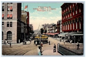 Washington DC Postcard F Street From 9th Looking Toward US Treasury Trolley