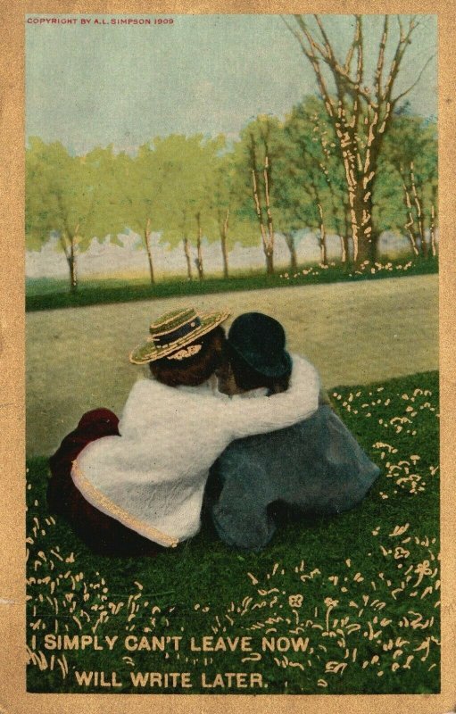 Vintage Postcard 1909 I Simply Can't Leave Now Will Write Later Couple in Love