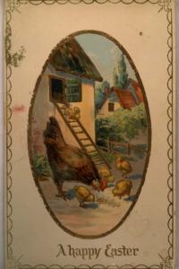 Unused pre-1915 CHICK CLIMBING LADDER INTO HOUSE - Easter postcard y4271