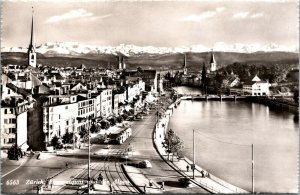 Vtg Limmatquai Und De Alpen Swiss Alps Zurich Switzerland Real Photo Postcard