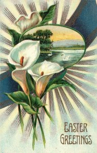 Vintage Postcard 1913 Easter Greetings Flowers and Swans in Lake