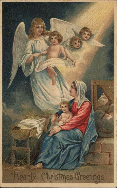 Christmas Angels Visit Mary with Baby Jesus Christ c1910 Vintage Postcard