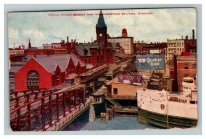 Vintage 1908 Postcard Wells Street Bridge Northwestern Station Ships Ads Chicago