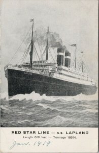 SS 'Lapland' Ship Red Star Line c1919 Postcard G10