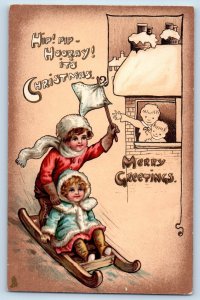 Christmas Postcard Greetings Children Sledding Winter Scene Tuck c1910's Antique