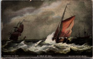 VINTAGE POSTCARD A GALE AT SEA ART BY WILLIAM VD VELDE PRINTED GERMANY c. 1910