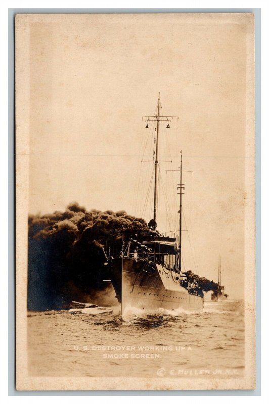 c1915 RPPC US Destroyers Working Up A Smoke Screen Real Photo by E Muller Jr