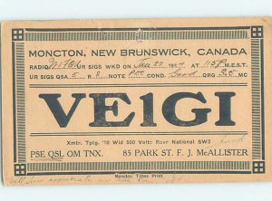 1930s QSL RADIO CARD Moncton New Brunswick NB AH3181