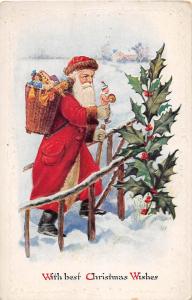 E48/ Santa Claus Merry Christmas Holiday Postcard c1910 Toys Holly Snow 12