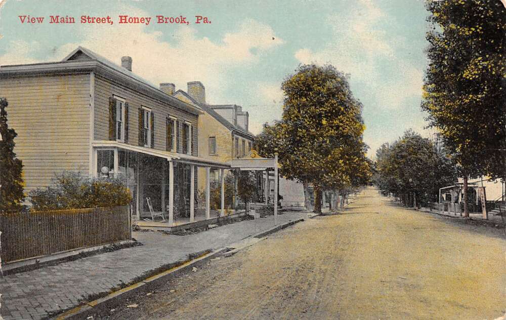 Honey Brook Pennsylvania View of Main Street Color Lithograph Vintage