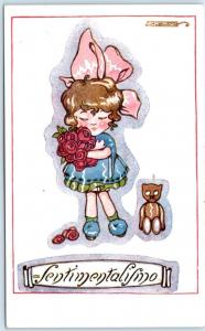 Signed Artist   SGRILLI  Little Girl, Teddy Bear  SENTIMENTALISMO  1921 Postcard