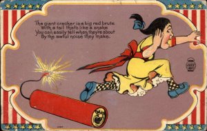 Fourth of July Fire Cracker Patriotic Woman Runs Embossed c1910s Postcard