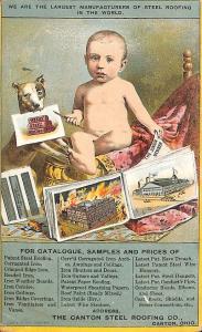 1800's Pioneer Canton OH Steel Roofing Color Catalog Dog Baby Rare Postcard