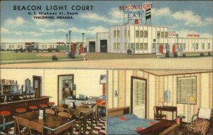 Vincennes IN Beacon Light Court Gas Station Linen Postcard