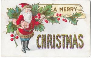 Embossed SANTA Claus Holding Present and Pointer - Vintage Christmas Postcard