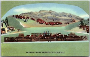 Modern Cattle Industry in Colorado Multiplane Unique Diorama Denver CO Postcard