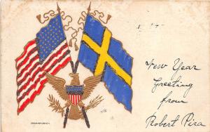 A57/ Patriotic Postcard United States USA c1907 Sweden Flags Gold EAGLE 18