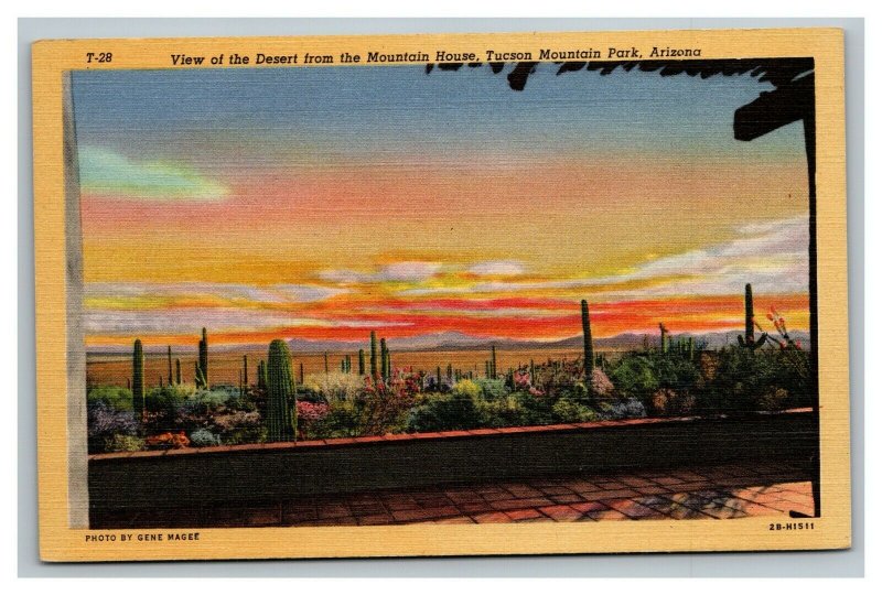 Vintage 1940's Postcard Colorful Sky Over Mountain House Park Tucson Arizona