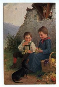 499265 KLEEHAAS Kids w/ Fruits & DACHSHUND Dog PFB Vintage postcard