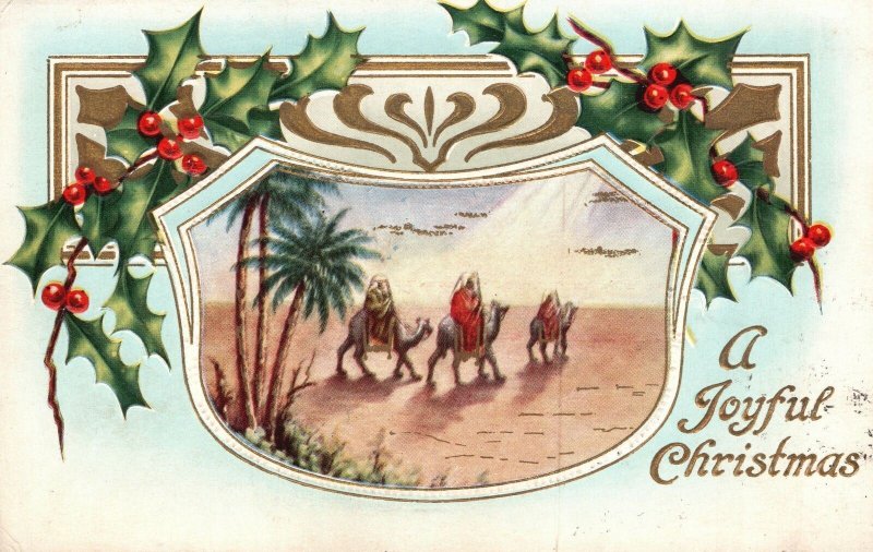 Vintage Postcard 1913 A Joyful Christmas Camel Ride Background Holiday Greetings