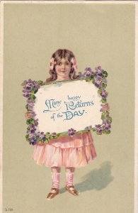 Many happy Returns of the Day, Girl holding sign, Violet flower frame, 00-10s