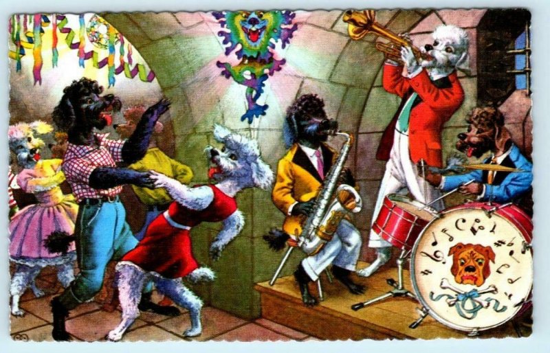 MAINZER DOGS Dressed Anthropomorphic POODLES, JAZZ BAND, Dancing #4937 Postcard