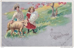 Boy walking alongside lamb, girl holding exagerated decorated egg, 10-20s