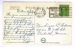 Detroit, Michigan to Duluth, Minnesota 1934 used Postcard, Old Belfry, Lexington