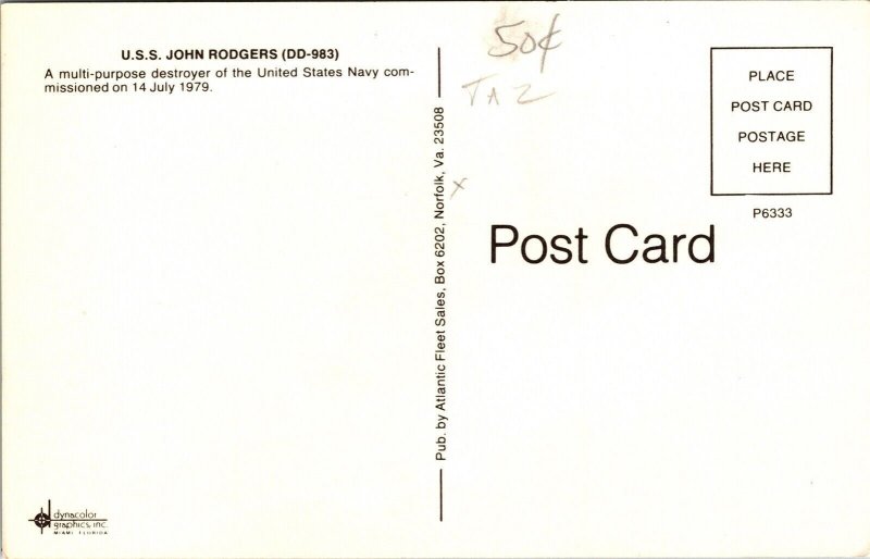 USS John Rodgers United States Navy Ocean Destroyer Ship Aerial Chrome Postcard 