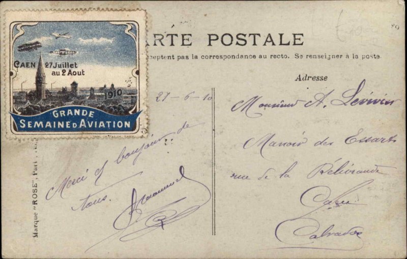 Airplane Pioneer Aviation Voisin Biplane Pilot Rougier Caen Poster Stamp c1910