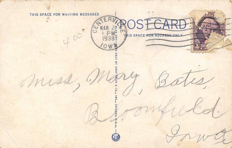 Centerville Iowa~Drake Public Library~Blue Sky Postcard 1928
