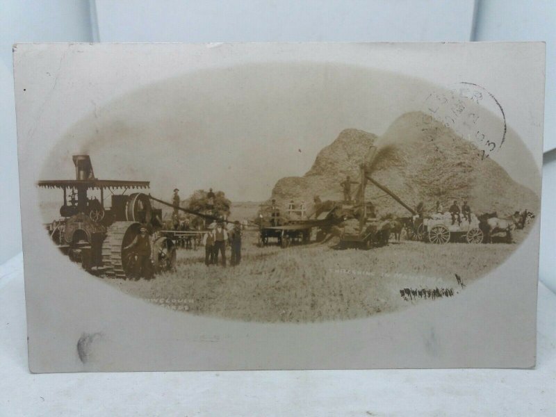 Antique Postcard Threshing In Manitoba Posted 1906 Farmers with Traction Engines