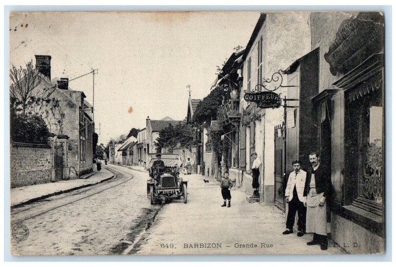 1907 Car Passing Coiffeur Grande Rue Barbizon France Antique Posted Postcard